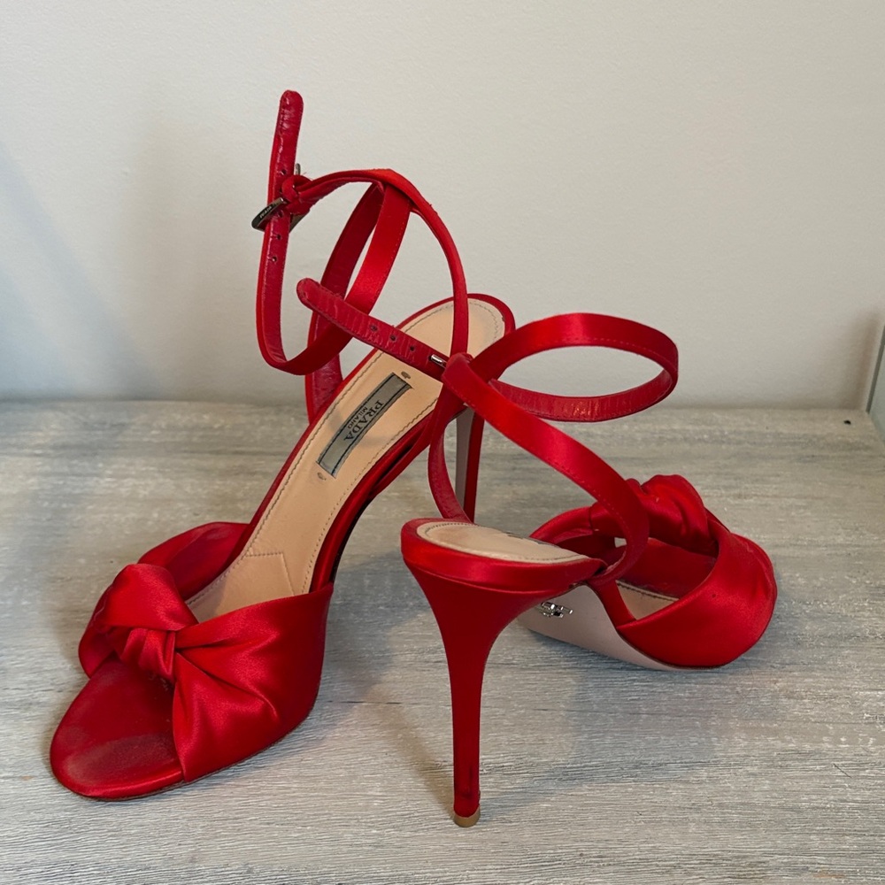 Prada Red Satin Strappy Heels